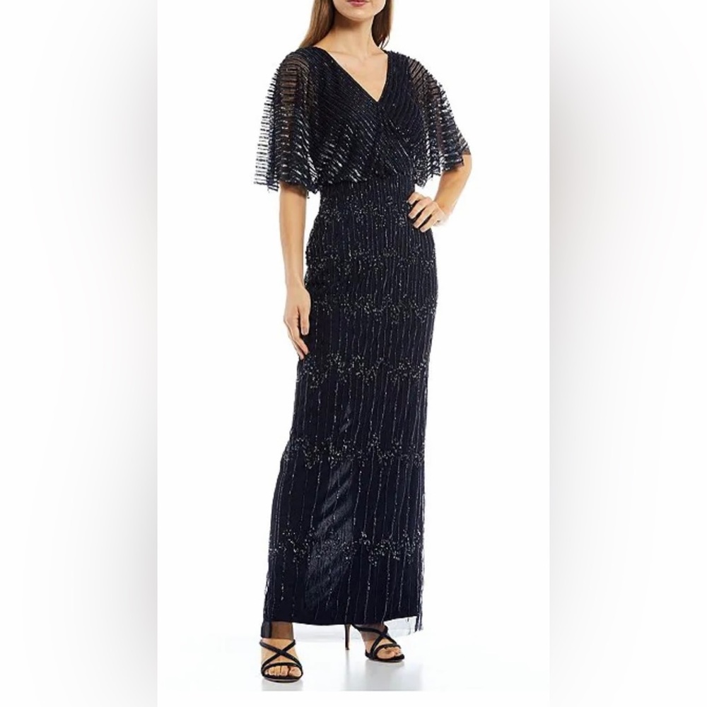Adrianna Papell Beaded Blouson Short Flutter Sleeve V-Neck Gown